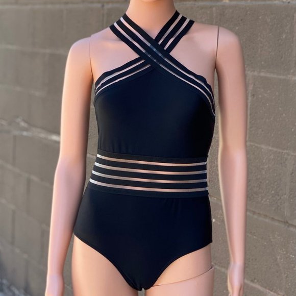Davi & Dani Solid Crochet Mesh Detail One Piece Swimsuit main image 1